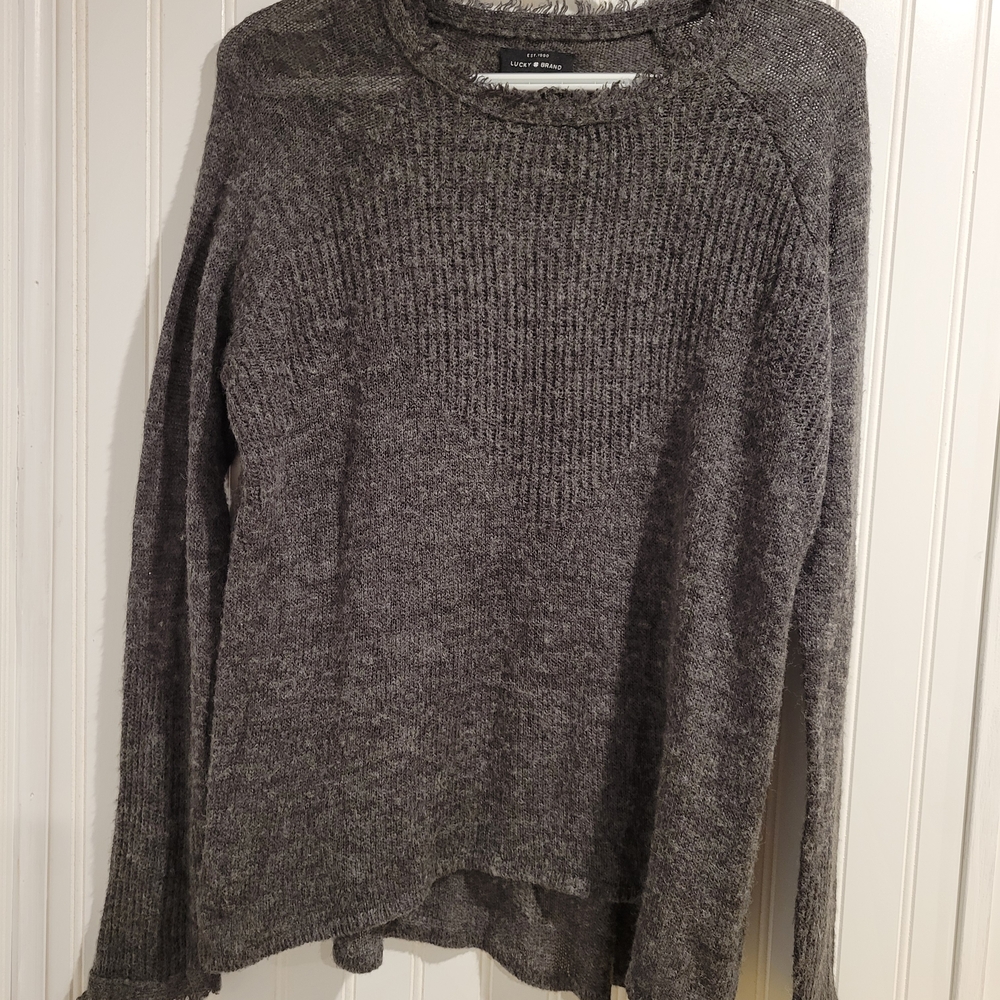 Lucky Brand Wool Pullover Sweater Charcoal Ribbed Detail Raw Frayed Edges Small